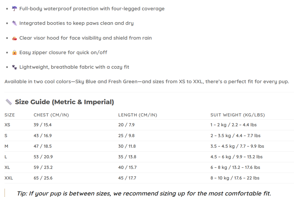 ძაღლის საწვიმარი ოთხივე თათის + კუდის დაცვით The Pet Face